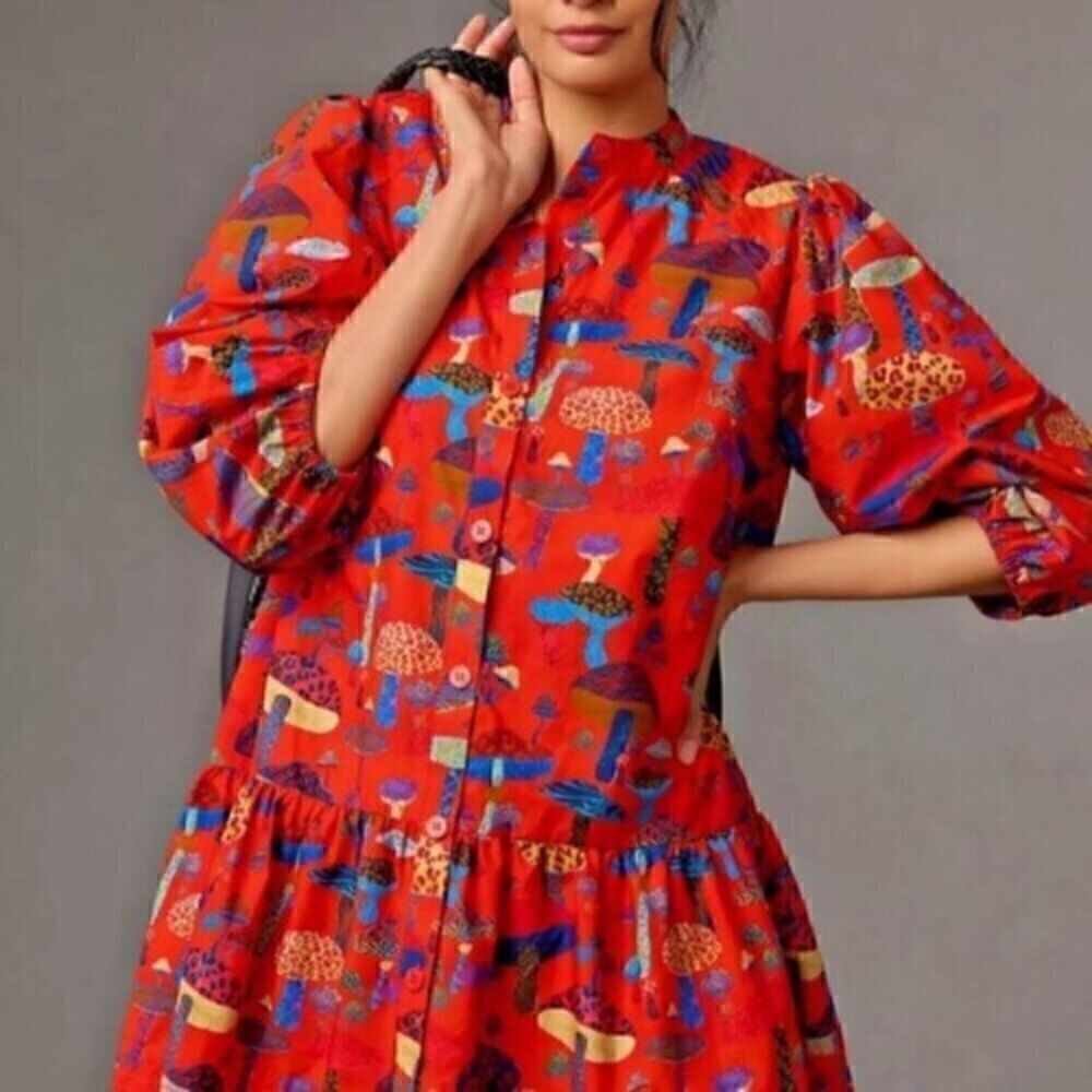 Red Animal Print Mushroom  Lantern Sleeve Mini Dress S - Picture 10 of 12